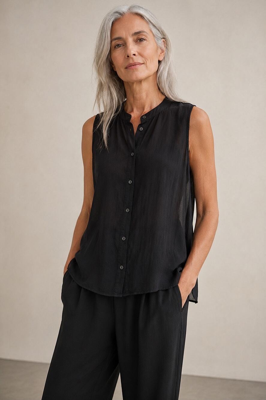 EILEEN FISHER Sleeveless Sheer Button-Front Silk Blouse Vest Top — Black — XS